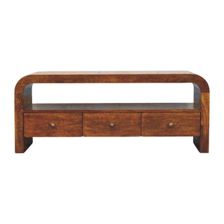 Arch Media Unit Chestnut Mango Wood Full-Height Curved Arch Frame Three Drawers with Brass Knobs
