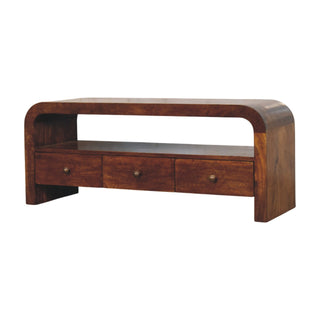 Arch Media Unit Chestnut Mango Wood Full-Height Curved Arch Frame Three Drawers with Brass Knobs