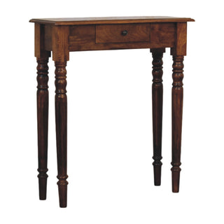 Elio Narrow Hallway Console Table Single Drawer Tall Turned Legs Chestnut Mango Wood