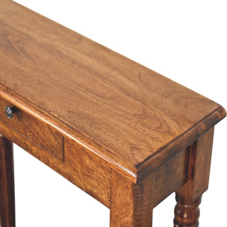 Elio Narrow Hallway Console Table Single Drawer Tall Turned Legs Chestnut Mango Wood