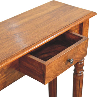 Elio Narrow Hallway Console Table Single Drawer Tall Turned Legs Chestnut Mango Wood