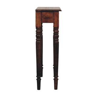 Elio Narrow Hallway Console Table Single Drawer Tall Turned Legs Chestnut Mango Wood