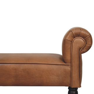 Rova Entryway Bench Cognac Buffalo Leather Rolled Arms Dark Turned Legs