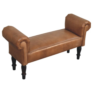 Rova Entryway Bench Cognac Buffalo Leather Rolled Arms Dark Turned Legs