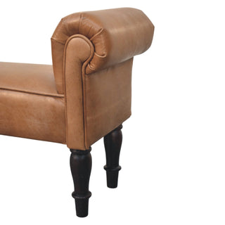 Rova Entryway Bench Cognac Buffalo Leather Rolled Arms Dark Turned Legs