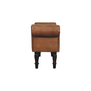 Rova Entryway Bench Cognac Buffalo Leather Rolled Arms Dark Turned Legs