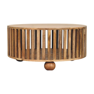 Cove Round Coffee Table Solid Mango Wood Slatted Drum Base Bun Feet