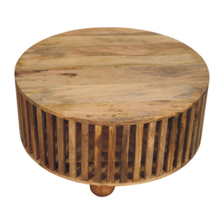 Cove Round Coffee Table Solid Mango Wood Slatted Drum Base Bun Feet