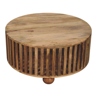 Cove Round Coffee Table Solid Mango Wood Slatted Drum Base Bun Feet