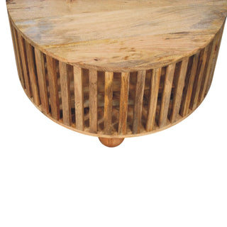 Cove Round Coffee Table Solid Mango Wood Slatted Drum Base Bun Feet