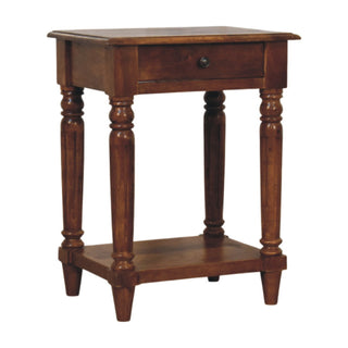 Elio Side Table With Drawer Turned Legs Brass Knob Chestnut Mango Wood