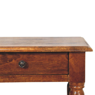 Elio Side Table With Drawer Turned Legs Brass Knob Chestnut Mango Wood
