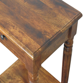 Elio Side Table With Drawer Turned Legs Brass Knob Chestnut Mango Wood