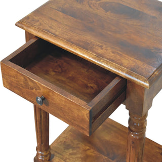 Elio Side Table With Drawer Turned Legs Brass Knob Chestnut Mango Wood