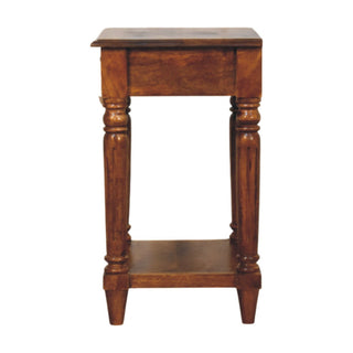 Elio Side Table With Drawer Turned Legs Brass Knob Chestnut Mango Wood