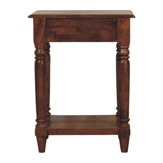 Elio Side Table With Drawer Turned Legs Brass Knob Chestnut Mango Wood