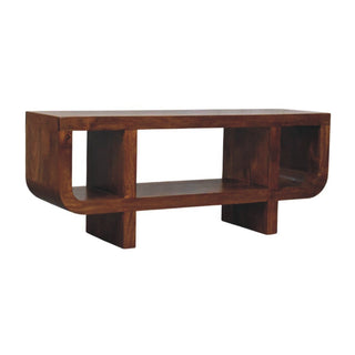 Brynn Media Unit Chestnut Finish Curved Open Shelf Block Feet