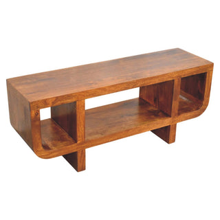 Brynn Media Unit Chestnut Finish Curved Open Shelf Block Feet