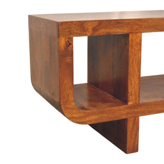 Brynn Media Unit Chestnut Finish Curved Open Shelf Block Feet