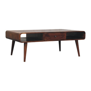 Rivus Coffee Table with Drawers Large Rounded Top Open Compartments Chestnut