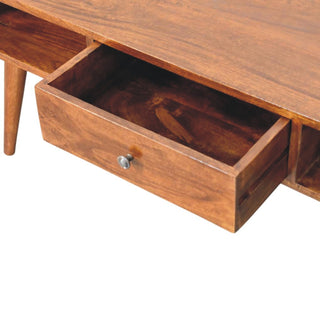 Rivus Coffee Table with Drawers Large Rounded Top Open Compartments Chestnut