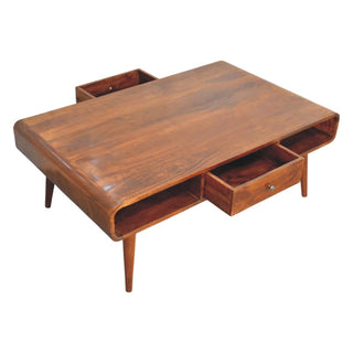 Rivus Coffee Table with Drawers Large Rounded Top Open Compartments Chestnut