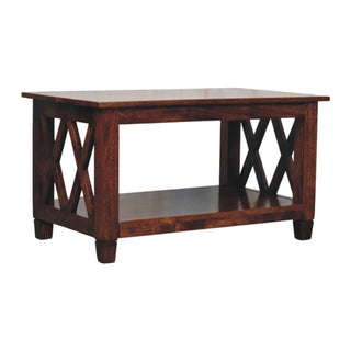 Saxon Coffee Table Solid Mango Wood Double X-Frame Sides Lower Shelf Chestnut