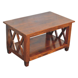 Saxon Coffee Table Solid Mango Wood Double X-Frame Sides Lower Shelf Chestnut