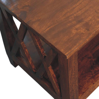Saxon Coffee Table Solid Mango Wood Double X-Frame Sides Lower Shelf Chestnut