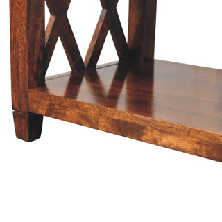 Saxon Coffee Table Solid Mango Wood Double X-Frame Sides Lower Shelf Chestnut