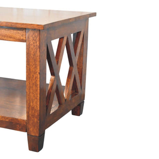 Saxon Coffee Table Solid Mango Wood Double X-Frame Sides Lower Shelf Chestnut