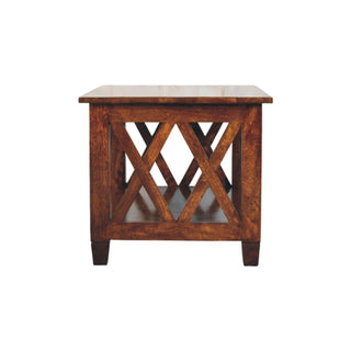 Saxon Coffee Table Solid Mango Wood Double X-Frame Sides Lower Shelf Chestnut