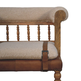 Elowen Hallway Bench Boucle Seat Buffalo Leather Panel Spindle Back Oak Frame