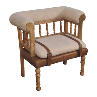 Elowen Hallway Bench Boucle Seat Buffalo Leather Panel Spindle Back Oak Frame