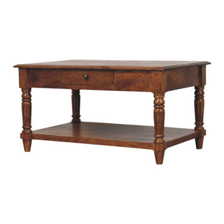 Cheswick Coffee Table with Drawers Solid Mango Wood Turned Legs Lower Shelf Chestnut