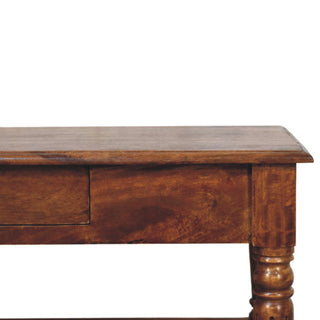 Cheswick Coffee Table with Drawers Solid Mango Wood Turned Legs Lower Shelf Chestnut