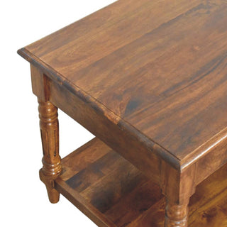 Cheswick Coffee Table with Drawers Solid Mango Wood Turned Legs Lower Shelf Chestnut