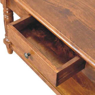 Cheswick Coffee Table with Drawers Solid Mango Wood Turned Legs Lower Shelf Chestnut