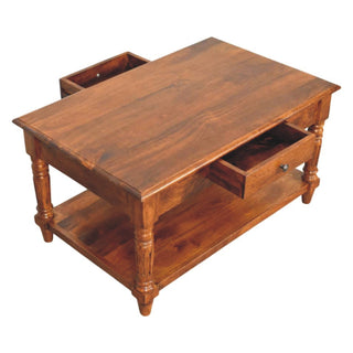 Cheswick Coffee Table with Drawers Solid Mango Wood Turned Legs Lower Shelf Chestnut