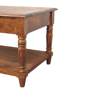 Cheswick Coffee Table with Drawers Solid Mango Wood Turned Legs Lower Shelf Chestnut