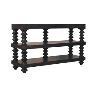 Raffael Media Storage Unit Carbon Ash Mango Wood Spindle Pillars with Open Shelving
