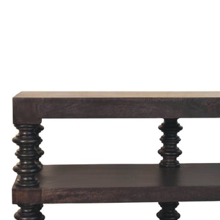 Raffael Media Storage Unit Carbon Ash Mango Wood Spindle Pillars with Open Shelving