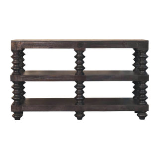 Raffael Media Storage Unit Carbon Ash Mango Wood Spindle Pillars with Open Shelving