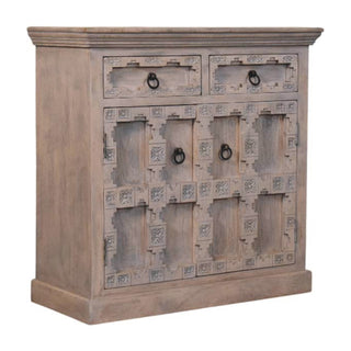 Haveli Sideboard Cabinet with Hand-Carved Lattice Panels and Plinth Base