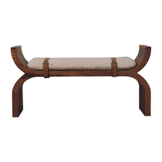 Arcus Entryway Bench Amber Oak Arched X-Frame Boucle Seat Leather Stirrup Straps