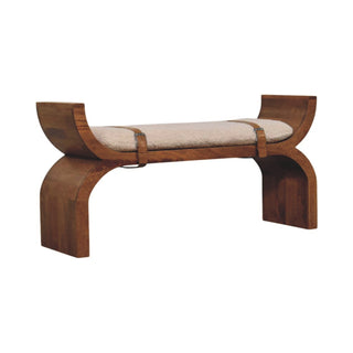 Arcus Entryway Bench Amber Oak Arched X-Frame Boucle Seat Leather Stirrup Straps