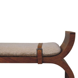 Arcus Entryway Bench Amber Oak Arched X-Frame Boucle Seat Leather Stirrup Straps