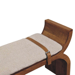 Arcus Entryway Bench Amber Oak Arched X-Frame Boucle Seat Leather Stirrup Straps