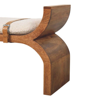 Arcus Entryway Bench Amber Oak Arched X-Frame Boucle Seat Leather Stirrup Straps
