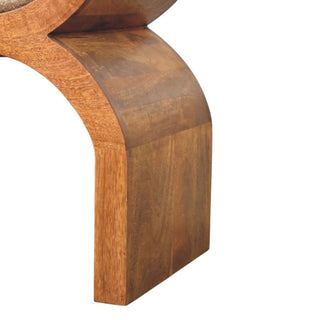 Arcus Entryway Bench Amber Oak Arched X-Frame Boucle Seat Leather Stirrup Straps